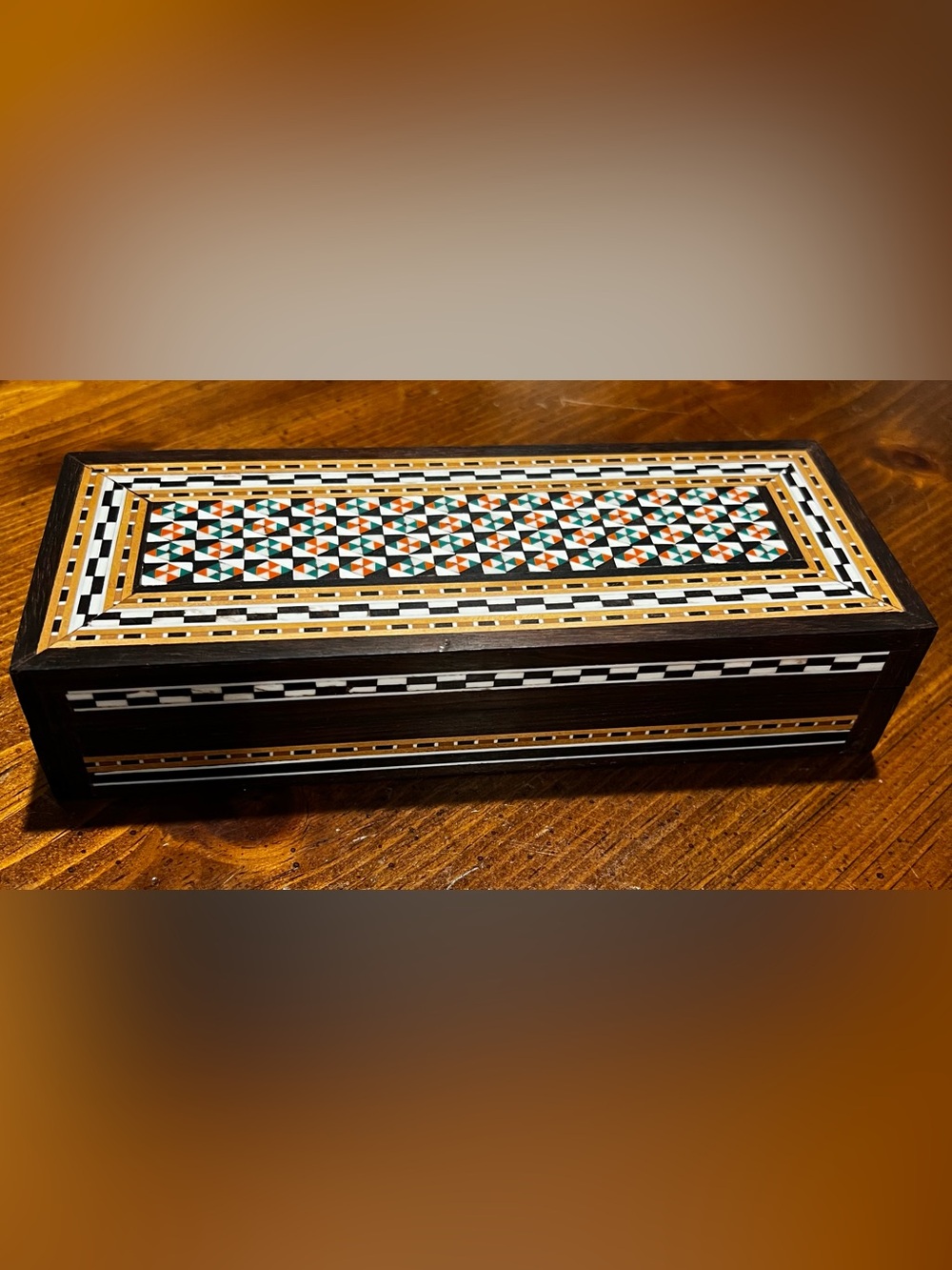 Vintage Wooden Geometric Details Inlay Marquetry Jewelry Box Red, White & Green